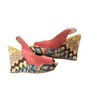 G by Guess Orange Platform Wedge Sandals Sz 9.5 Leather Canvas Pre-Loved